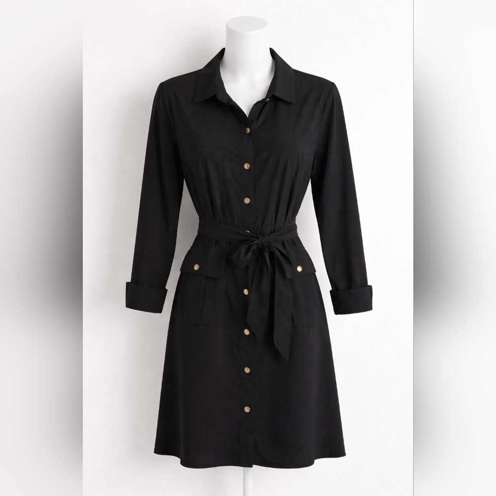 Black Button-Front Shirt Dress with Tie Belt